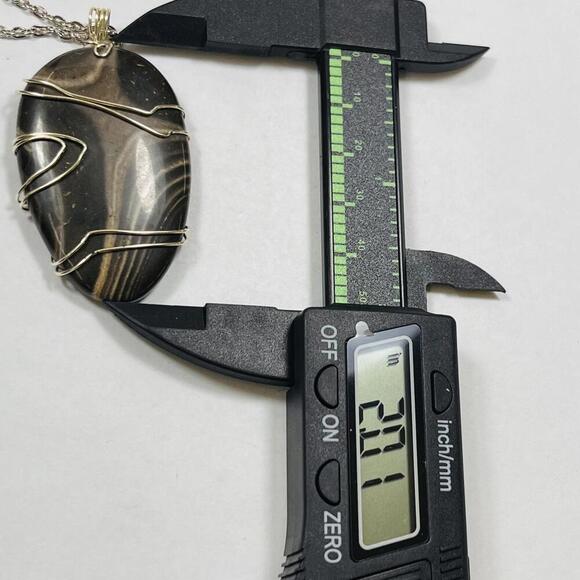 Handmade Black zebra Agate Wire Wrapped Necklace Pendant Oval Cabochon - Picture 2 of 3